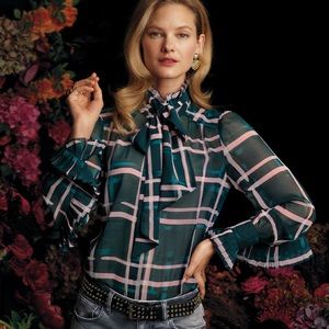 CAbi green plaid ruffle blouse, EUC